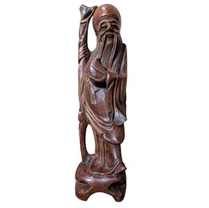 Vintage Asian‎ Carved Wood Wise Man With Staff